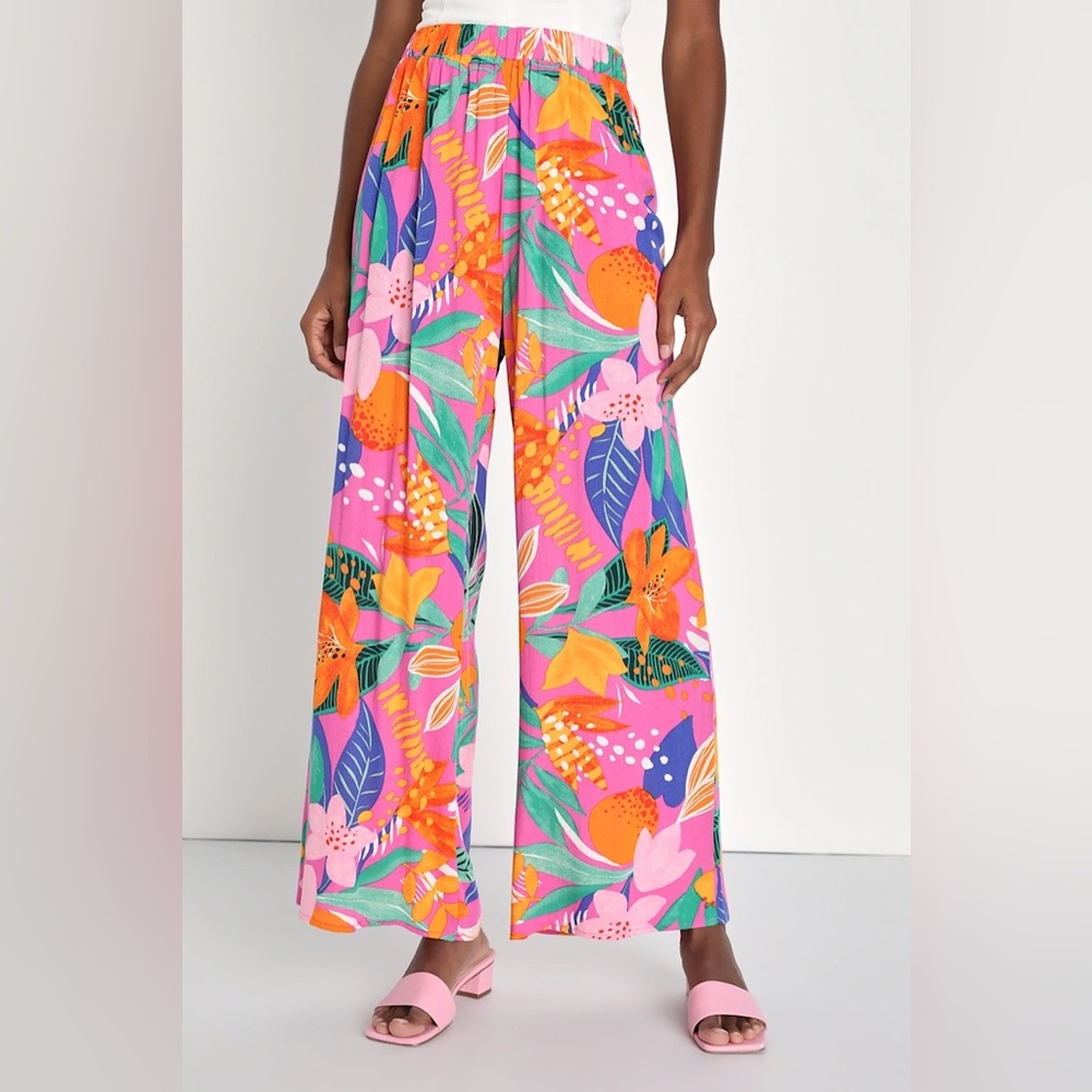 Spontaneous Sweetie Pink Multi Tropical Print Wide-Leg Pants